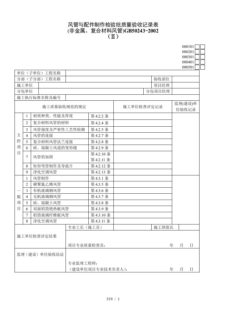 风管与配件制作检验批质量验收记录表02Ⅱ