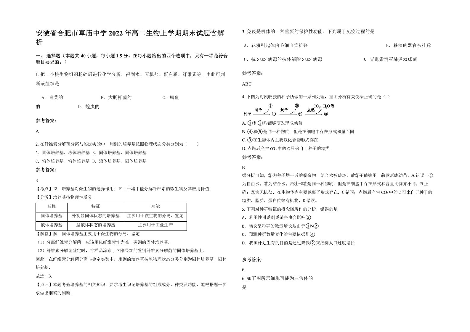 安徽省合肥市草庙中学2022年高二生物上学期期末试题含解析