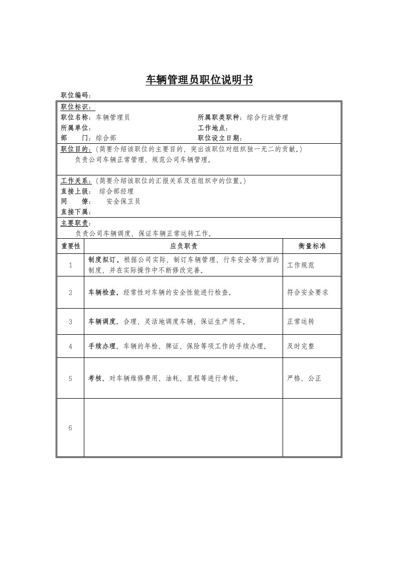 车辆管理员岗位描述