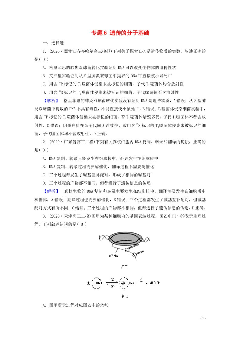 2021届高考生物二轮复习专题6遗传的分子基础高考模拟训练含解析新人教版