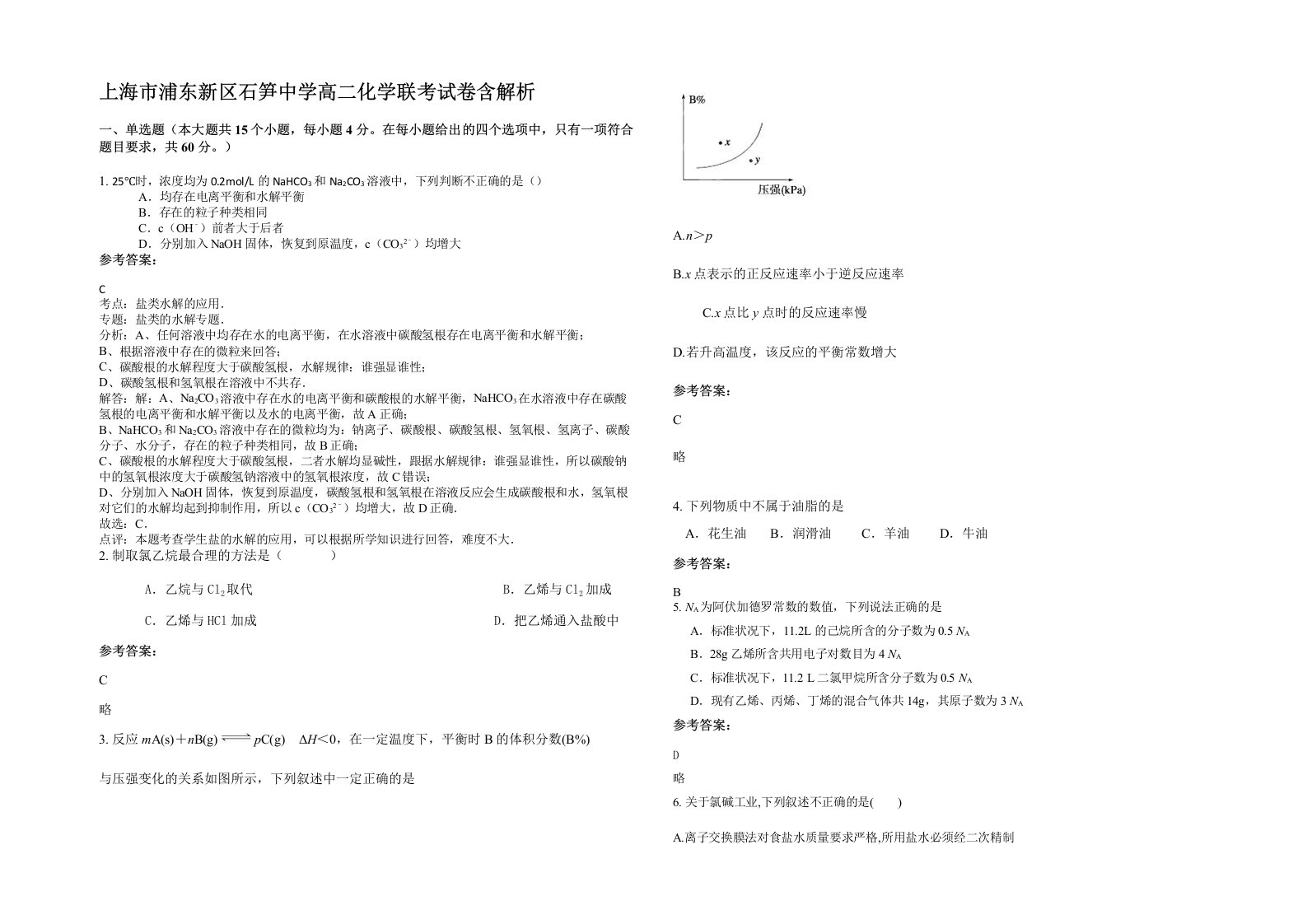 上海市浦东新区石笋中学高二化学联考试卷含解析