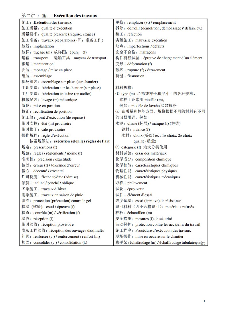 工程法语讲义第二部分施工,钢筋及混凝土词汇