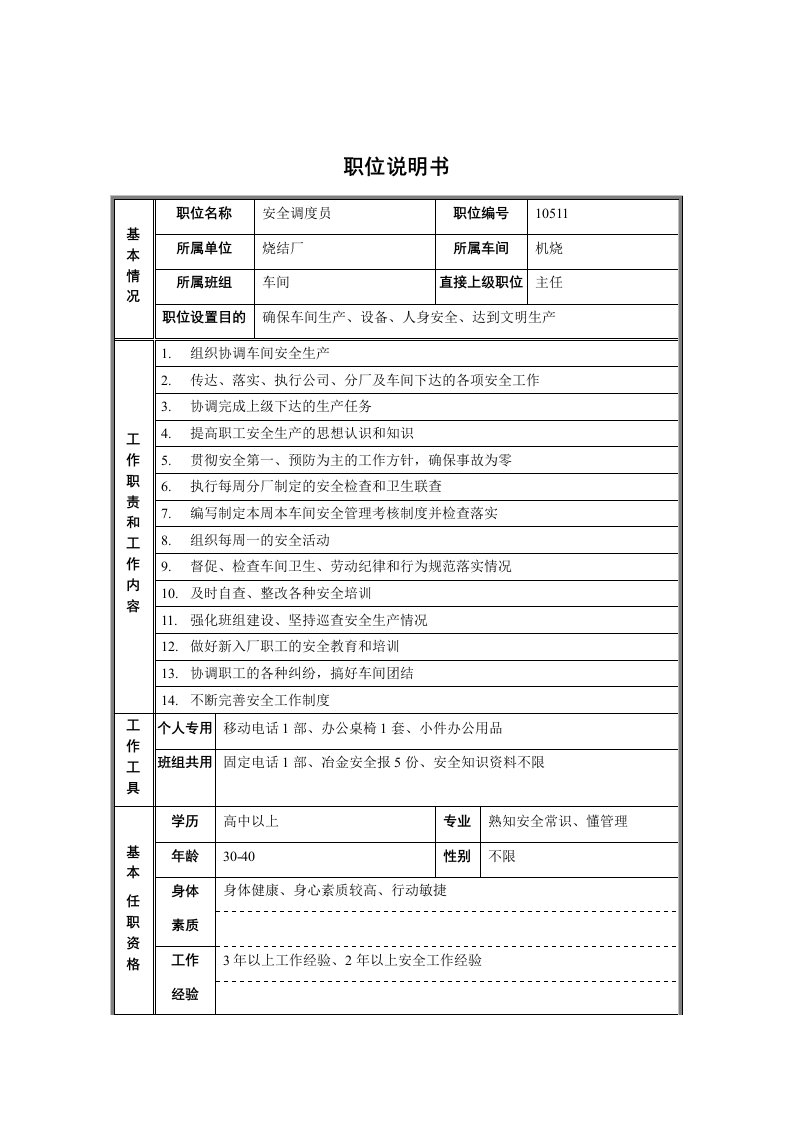 烧结厂机烧安全调度员职位说明书