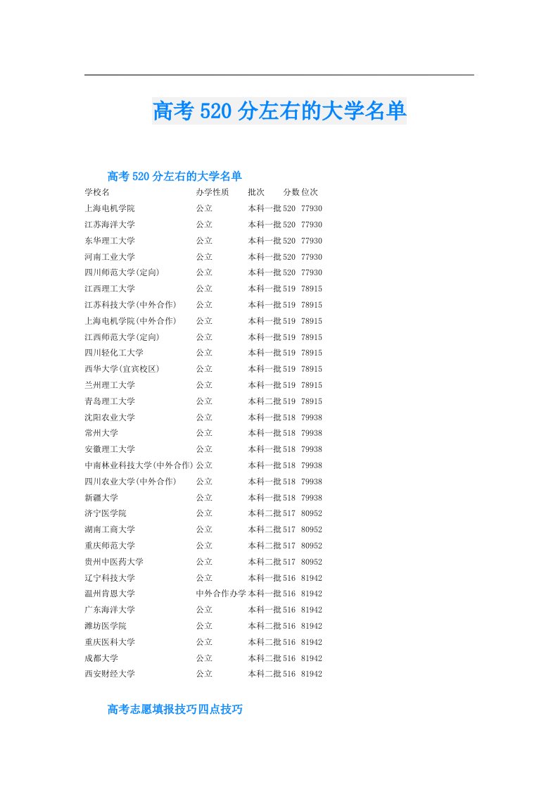 高考520分左右的大学名单