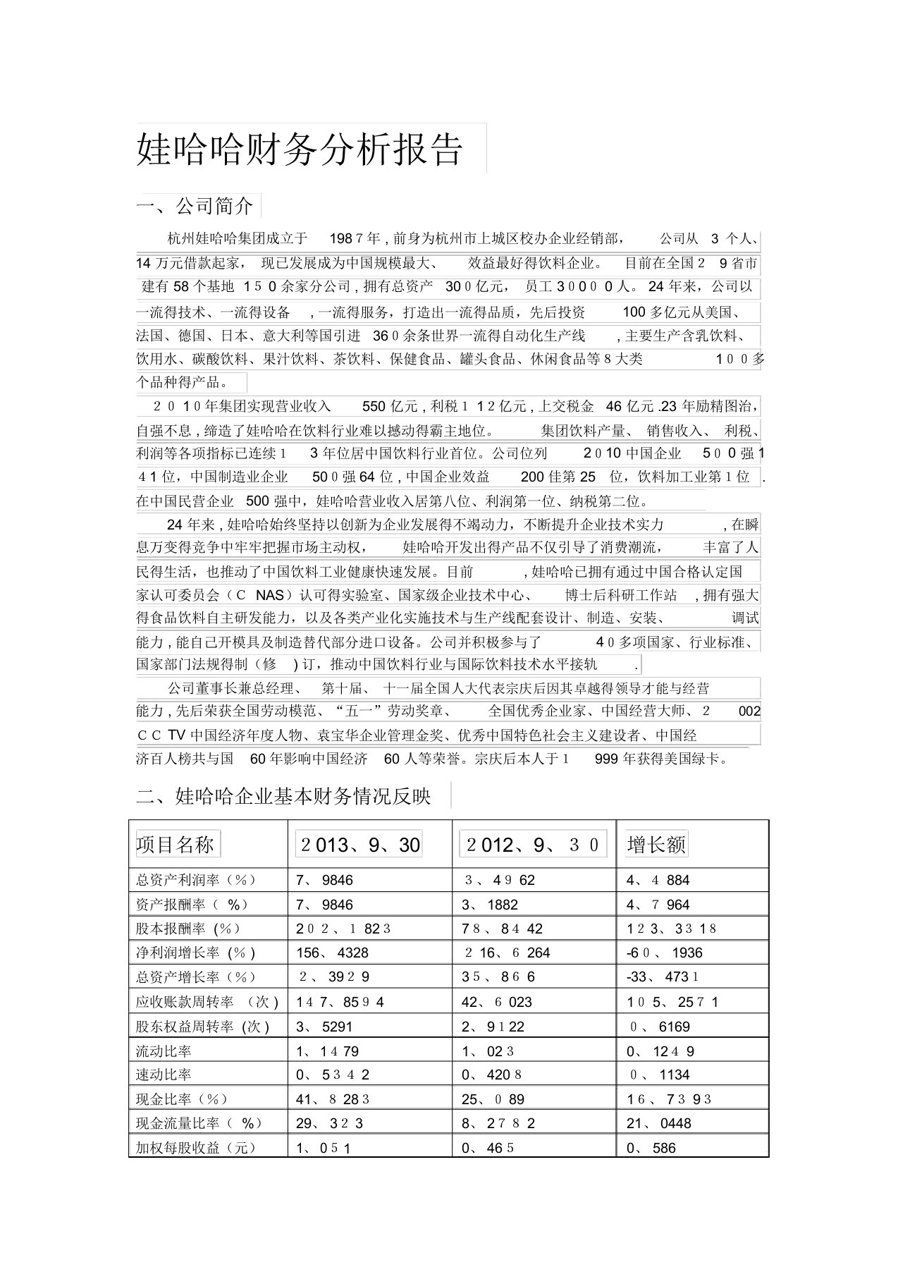 娃哈哈企业财务分析报告