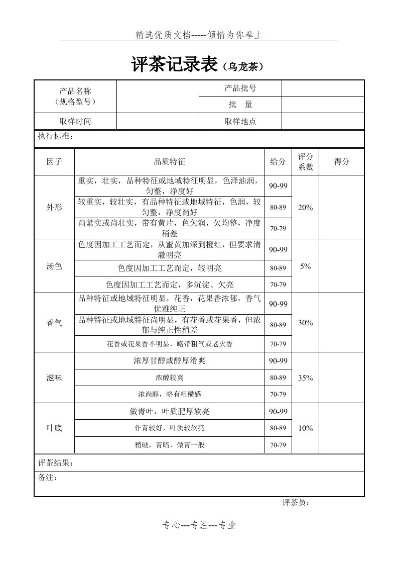 评茶记录表(乌龙茶)(共1页)