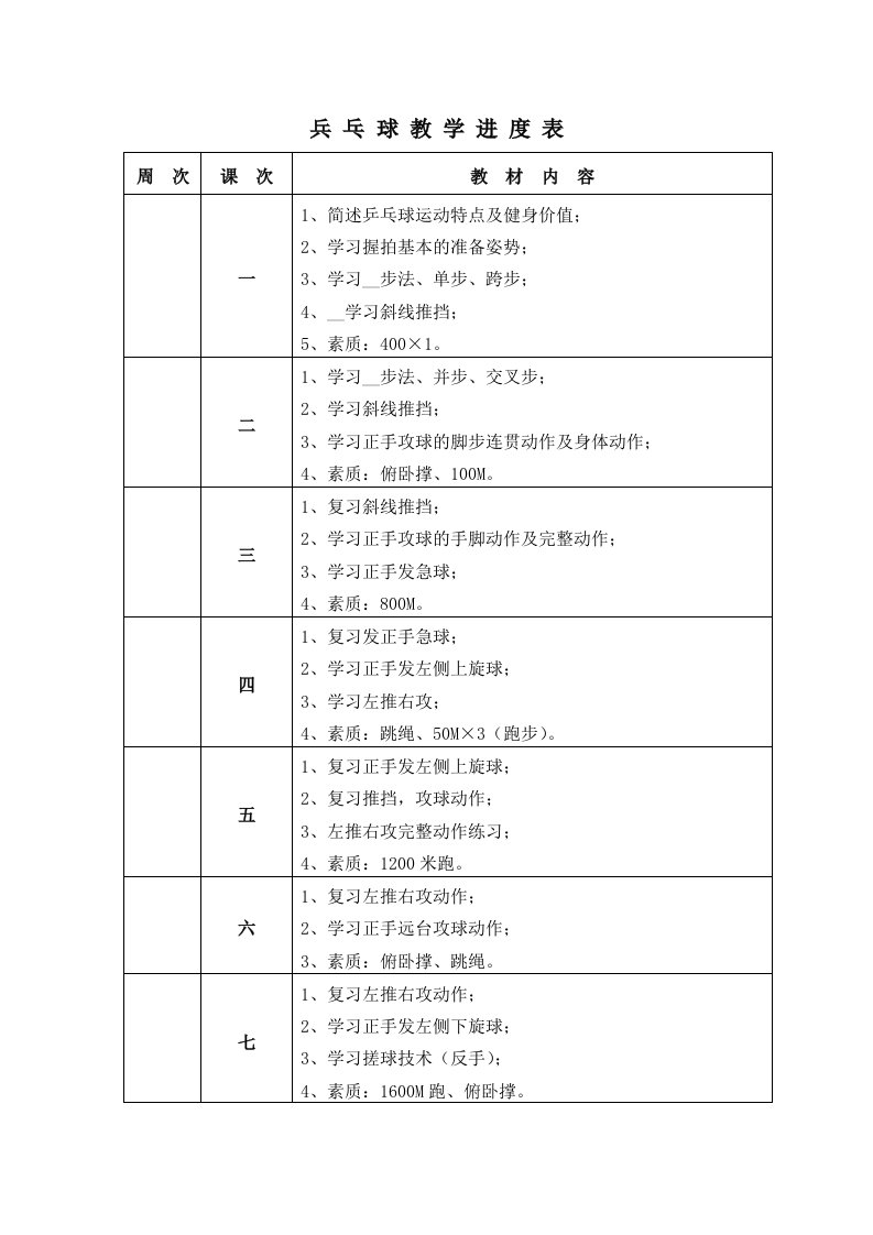 兵乓球教学进度表