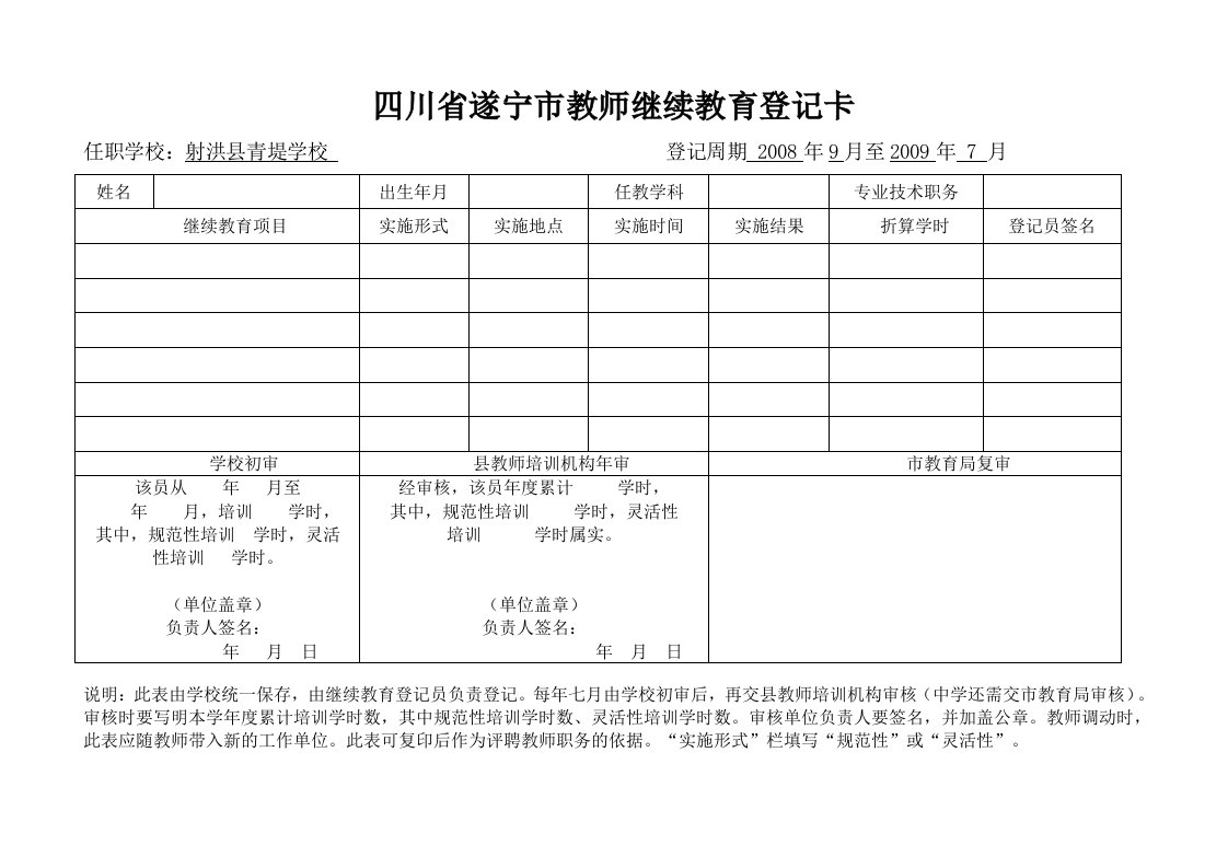 四川省遂宁市教师继续教育登记卡