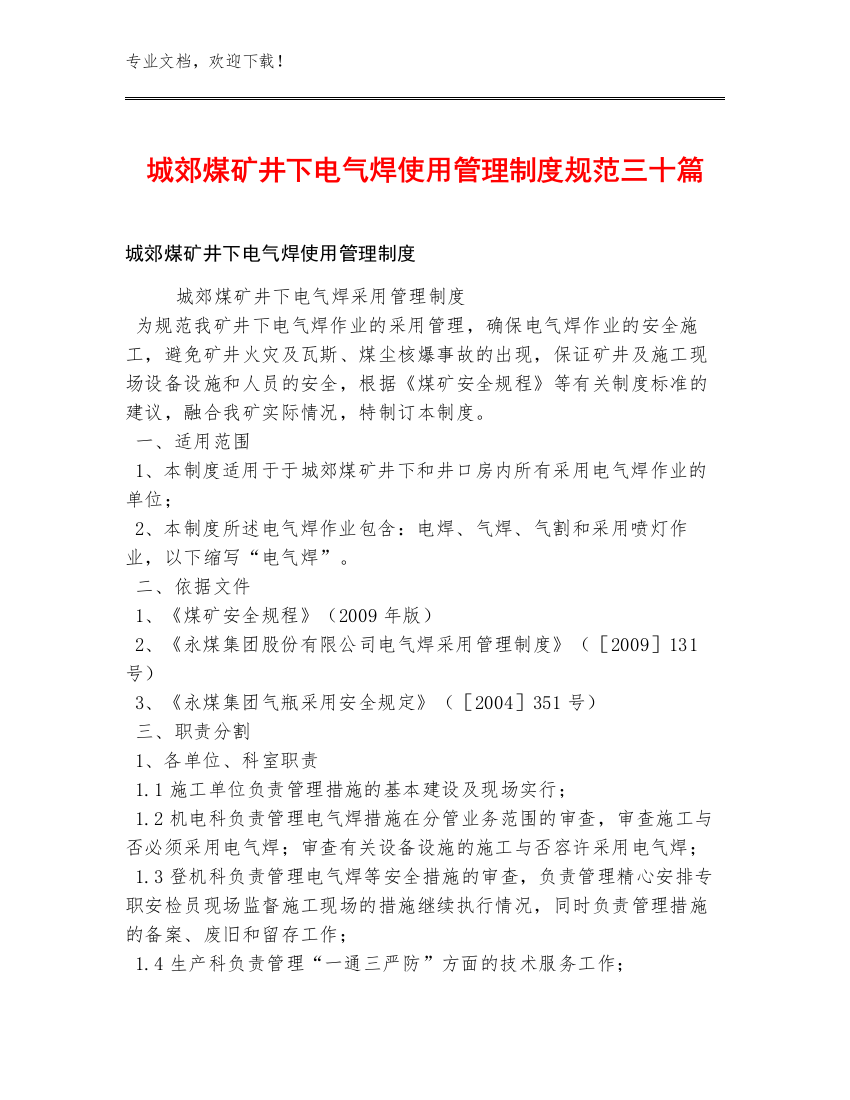 城郊煤矿井下电气焊使用管理制度规范三十篇