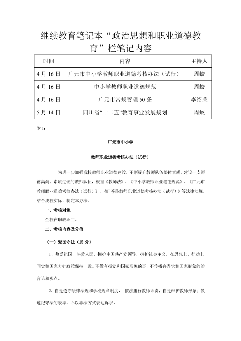 继续教育笔记本“政治思想和职业道德教育”栏笔记内容