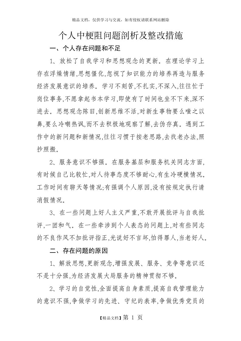 个人中梗阻问题剖析及整改措施