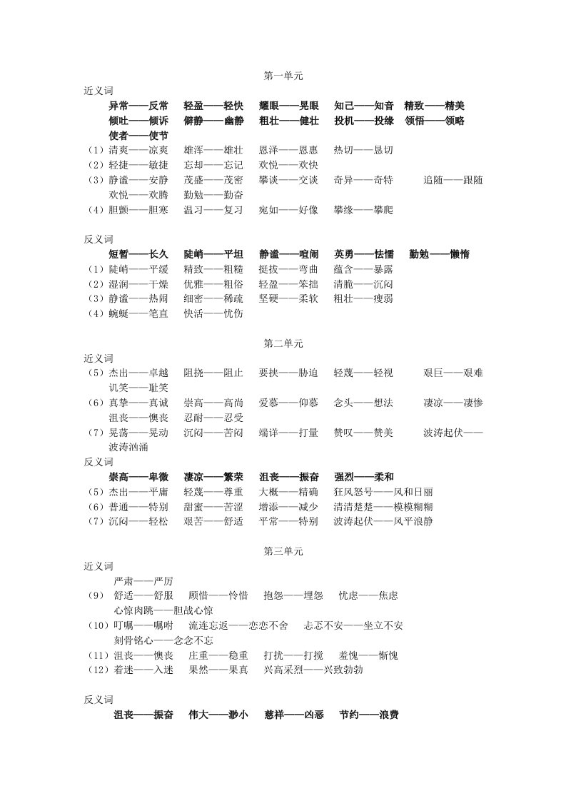 人教版六年级语文上册近义词反义词