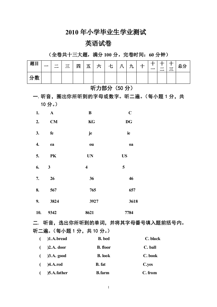 PEP小学英语毕业测试题[1]