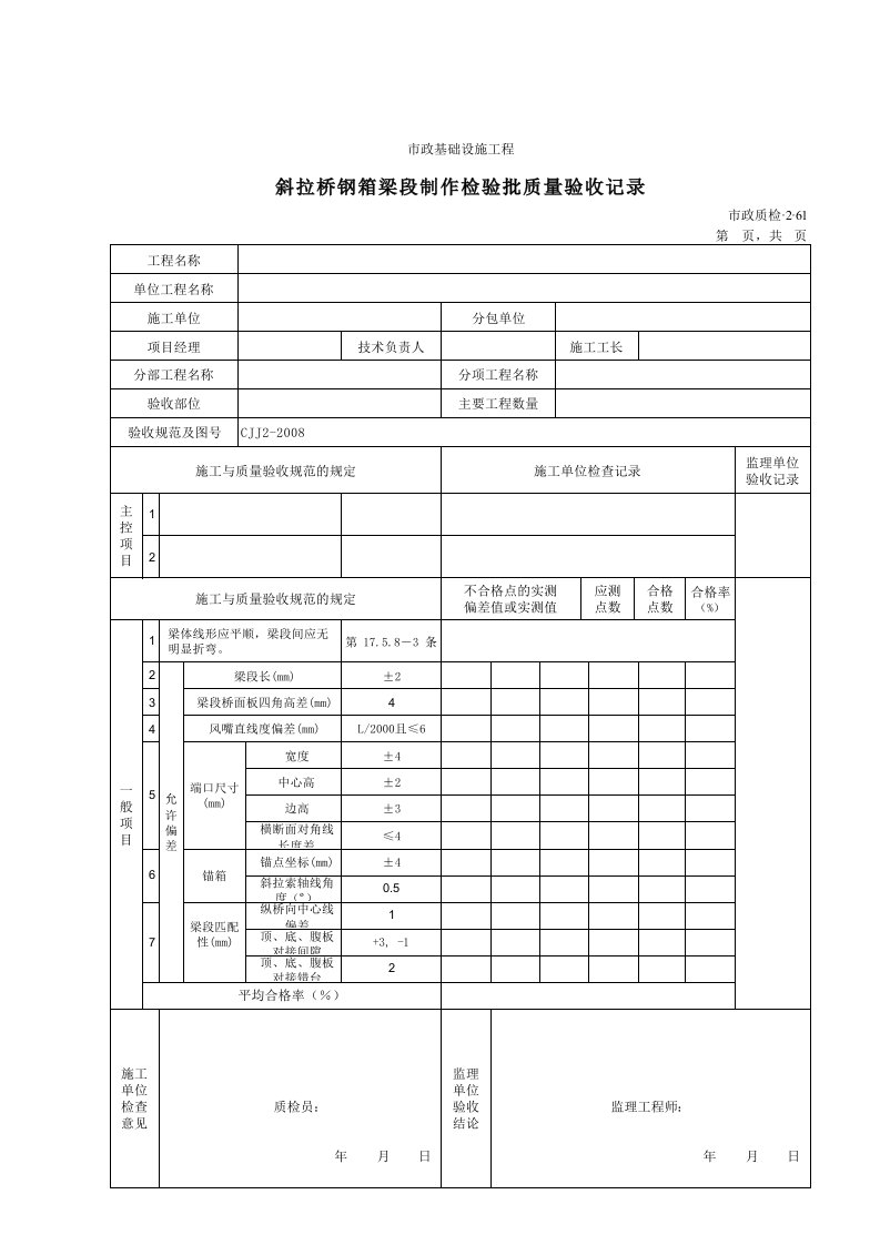 建筑工程-32061斜拉桥钢箱梁段制作检验批质量验收记录