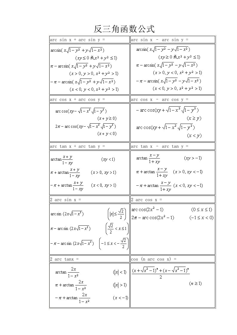 反三角函数公式