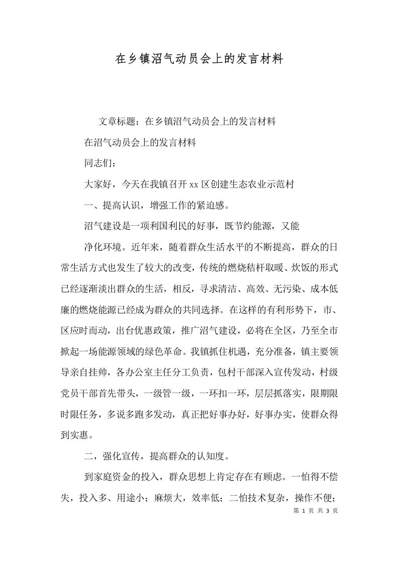 在乡镇沼气动员会上的发言材料五