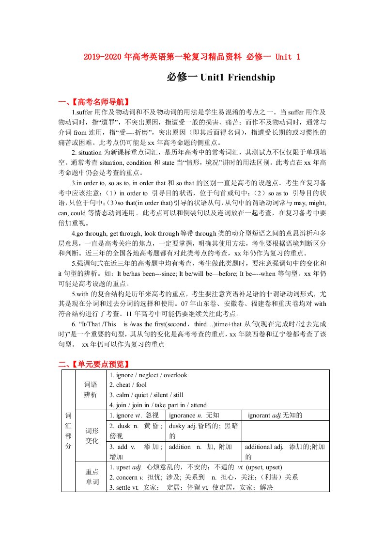 2019-2020年高考英语第一轮复习精品资料