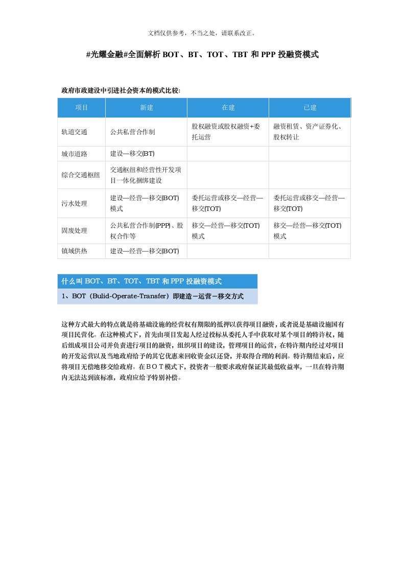 2020年全面解析BOT、BT、TOT、TBT和PPP投融资模式