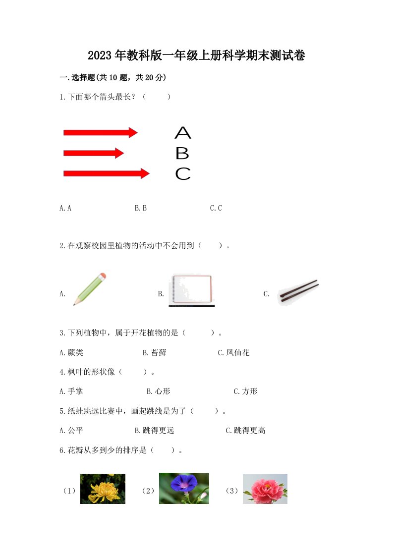 2023年教科版一年级上册科学期末测试卷及答案（各地真题）