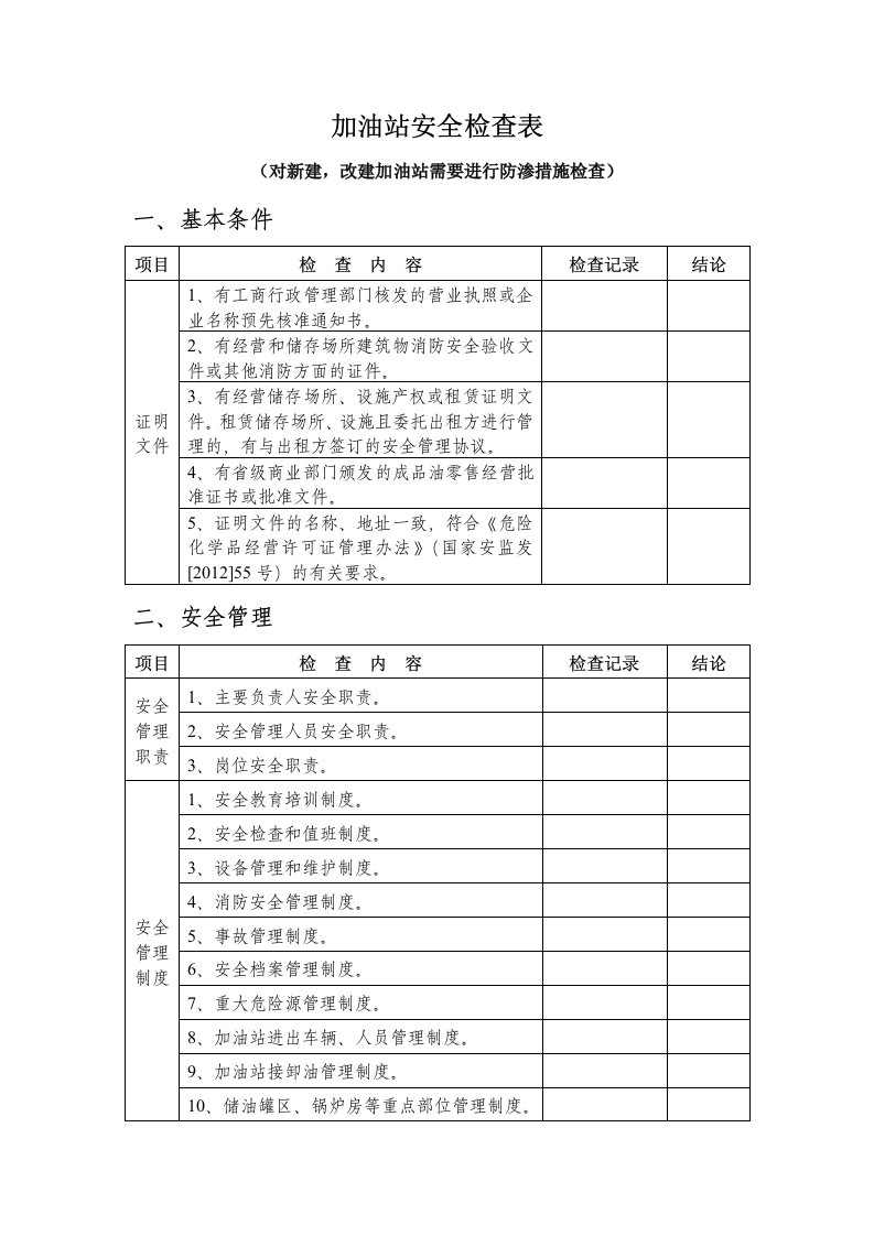 加油站安全检查表2013标准