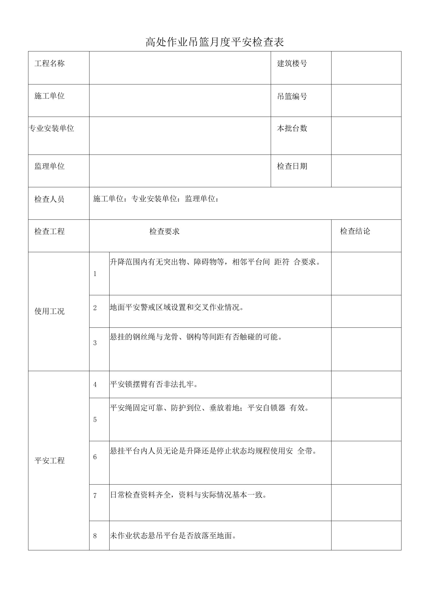 高处作业吊篮月度安全检查表