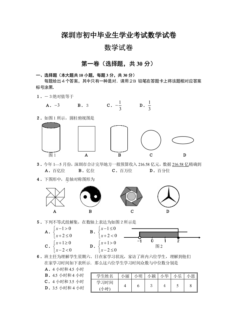 历年深圳市数学中考试题含答案