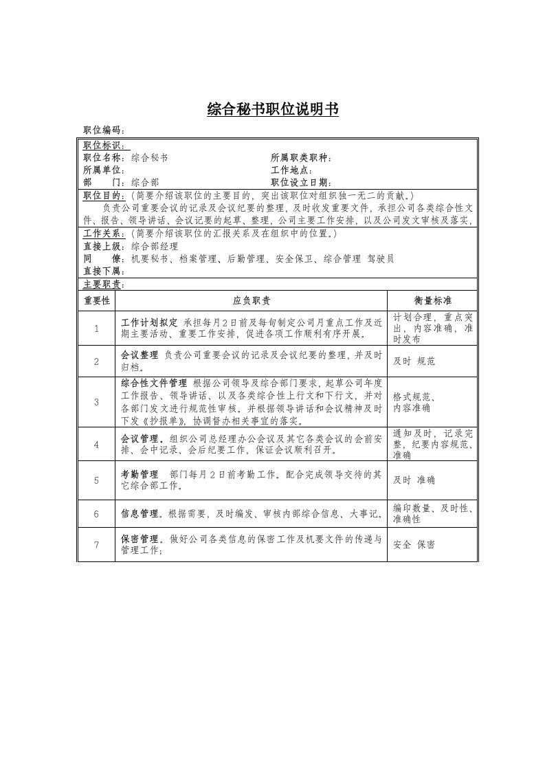 办公文秘-综合秘书岗位说明书