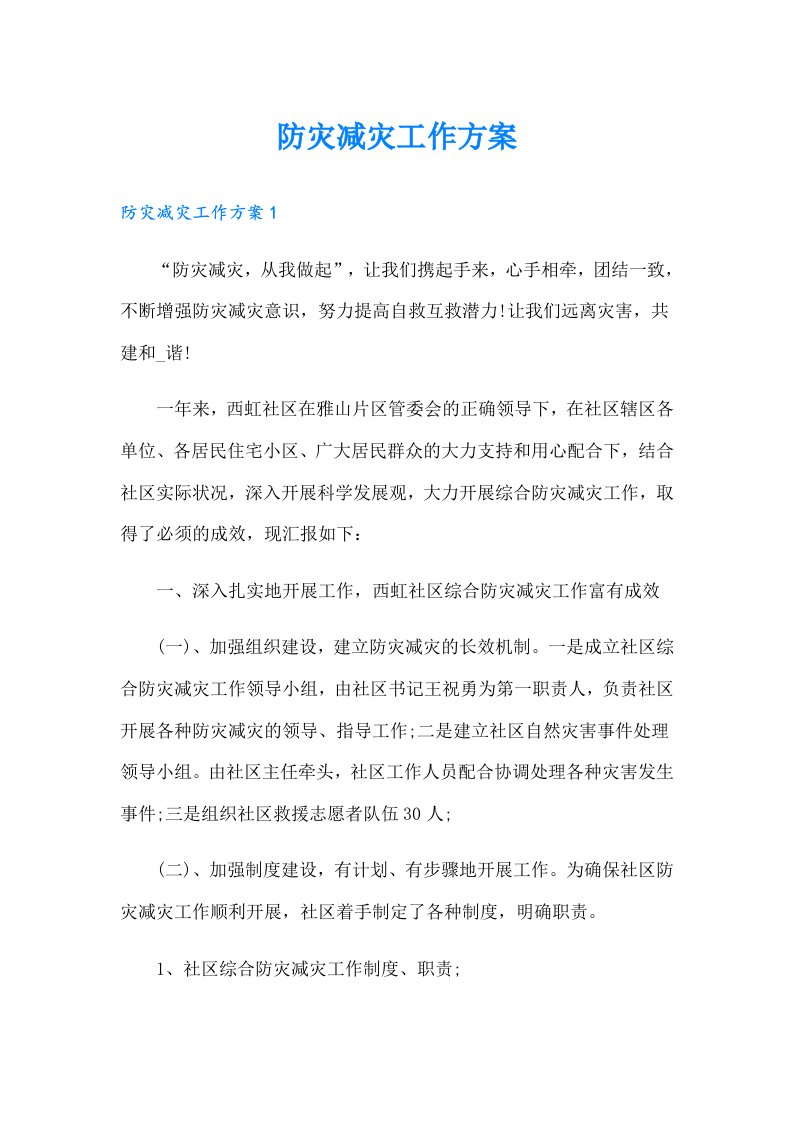 防灾减灾工作方案