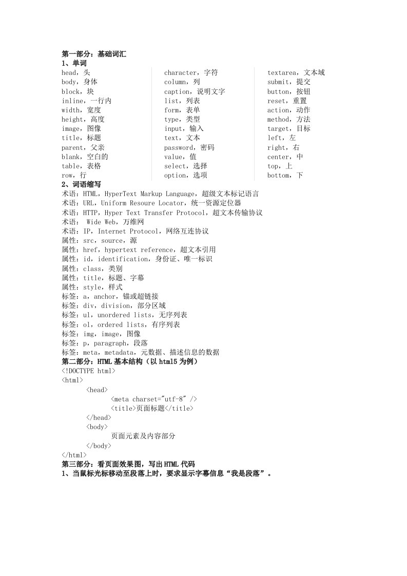 HTML语言基础练习题