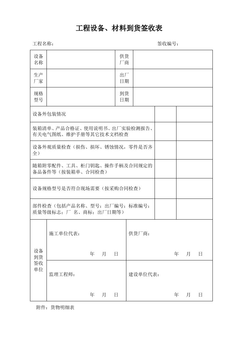 工程设备材料到货签收表