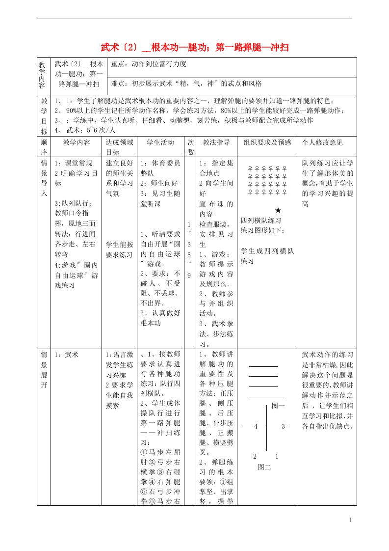 七年级体育与健康下册武术（2）基本功—腿功；第一路弹腿—冲扫教案