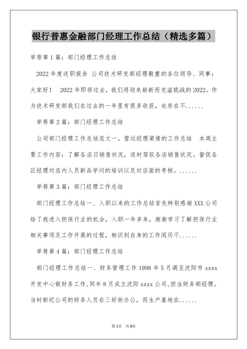 银行普惠金融部门经理工作总结（精选多篇）