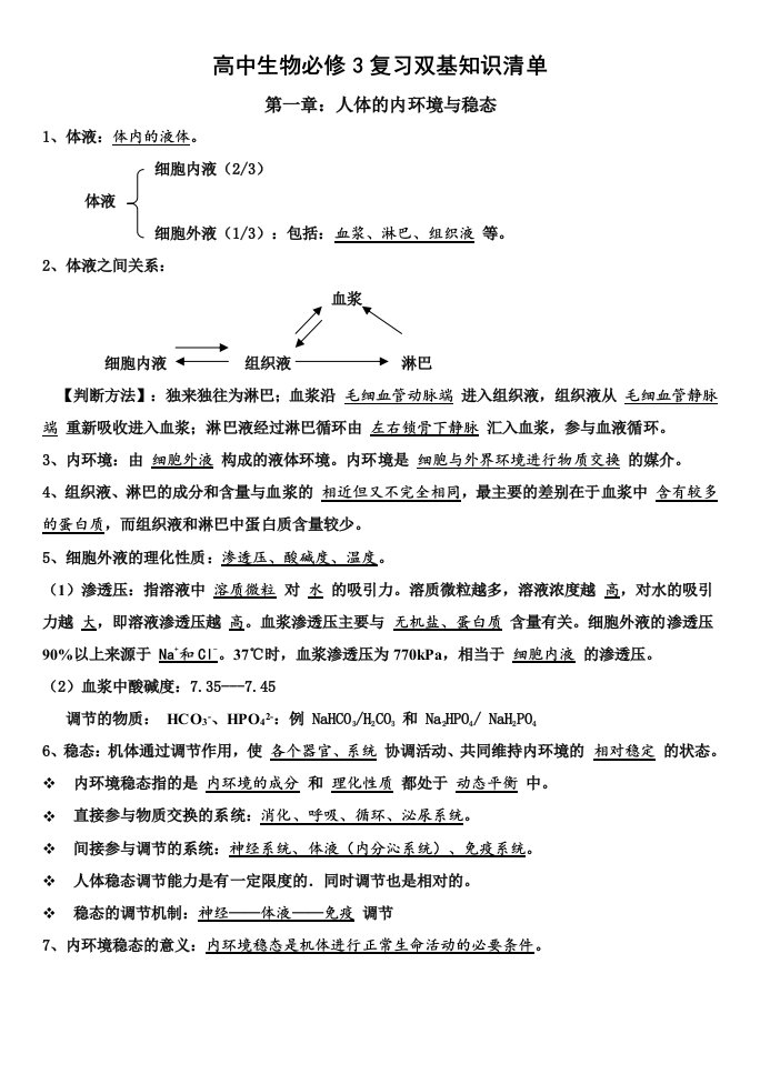 高中生物必修三基础知识清单