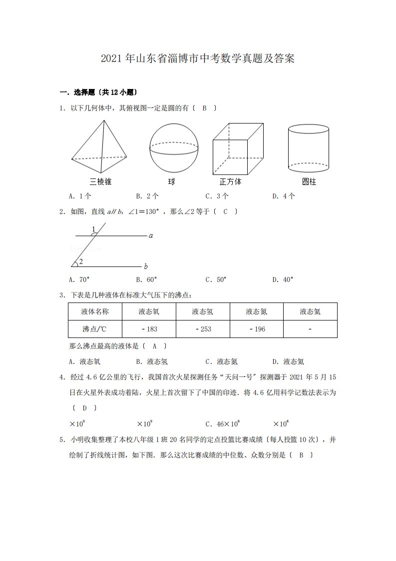 2021年山东省淄博市中考数学真题及答案（PDF版）