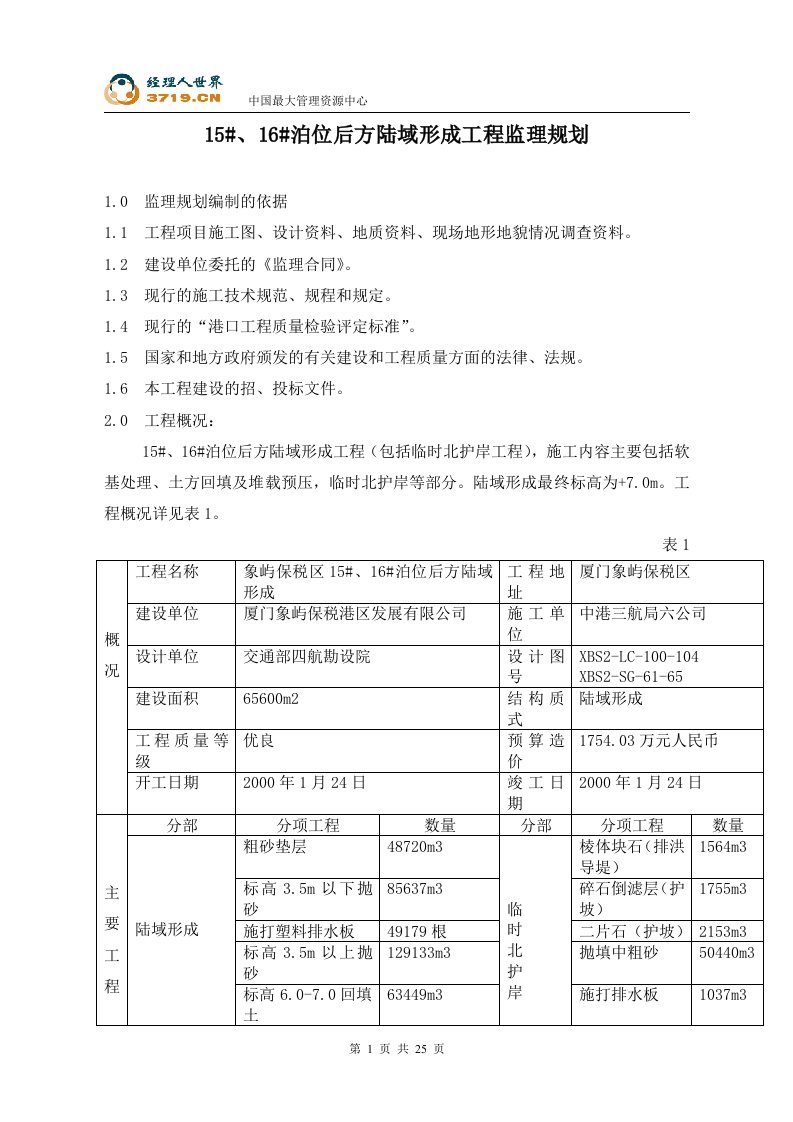 15#、16#泊位后方陆域形成工程监理规划(doc24)-工程监理