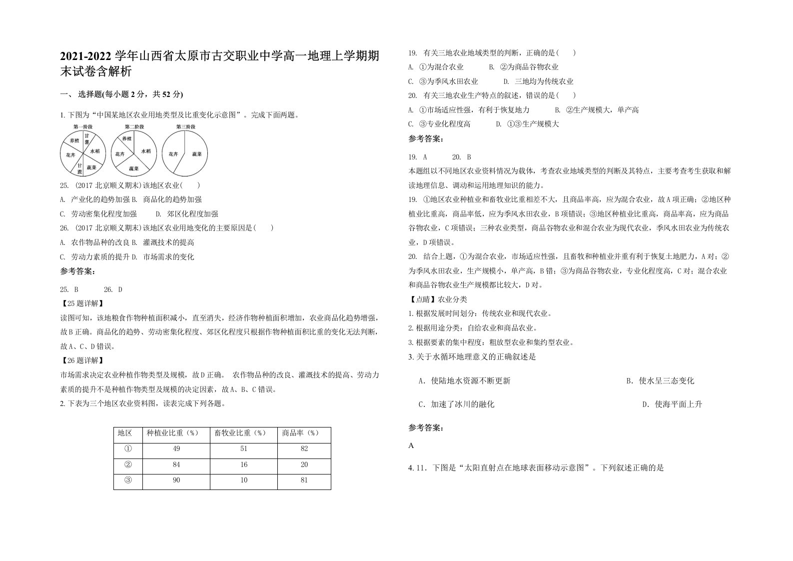 2021-2022学年山西省太原市古交职业中学高一地理上学期期末试卷含解析