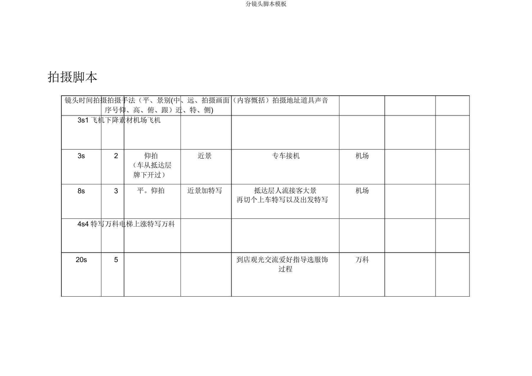 分镜头脚本模板