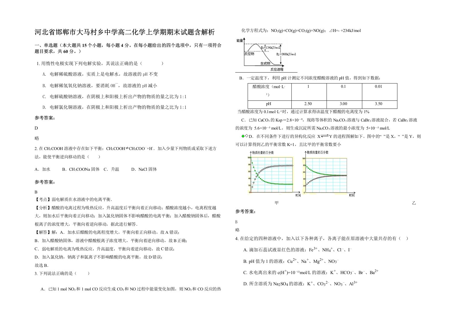 河北省邯郸市大马村乡中学高二化学上学期期末试题含解析