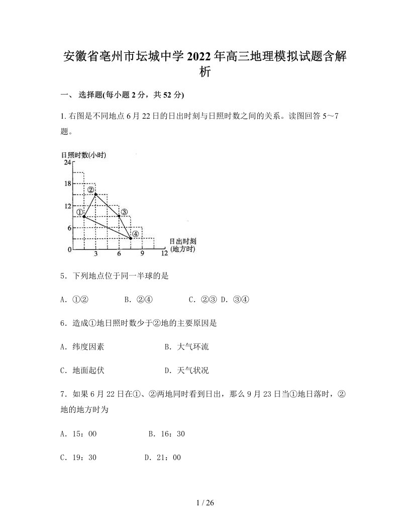 安徽省亳州市坛城中学2022年高三地理模拟试题含解析