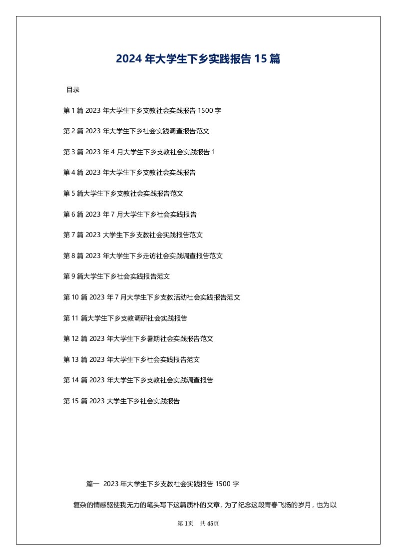 2024年大学生下乡实践报告15篇