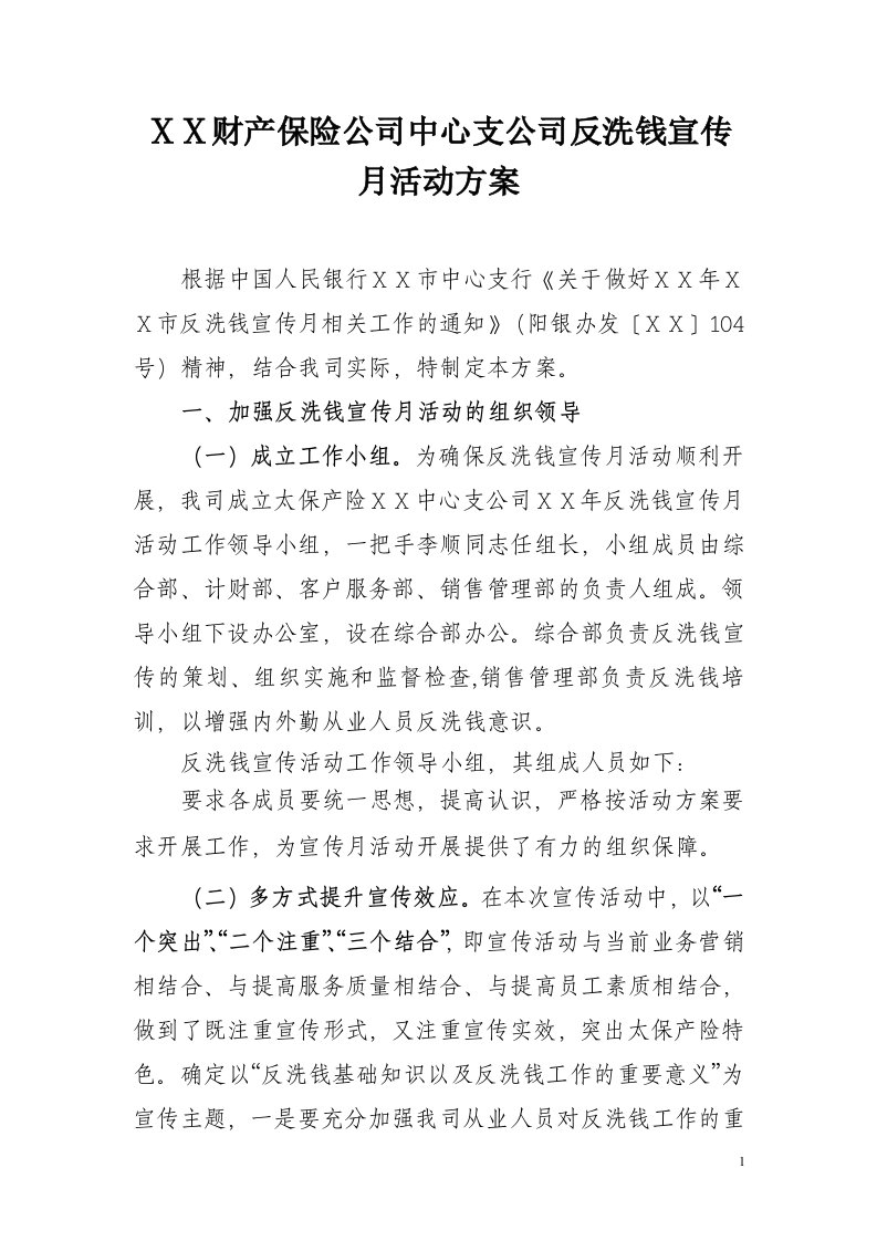 财产保险公司中心支公司反洗钱宣传月活动方案