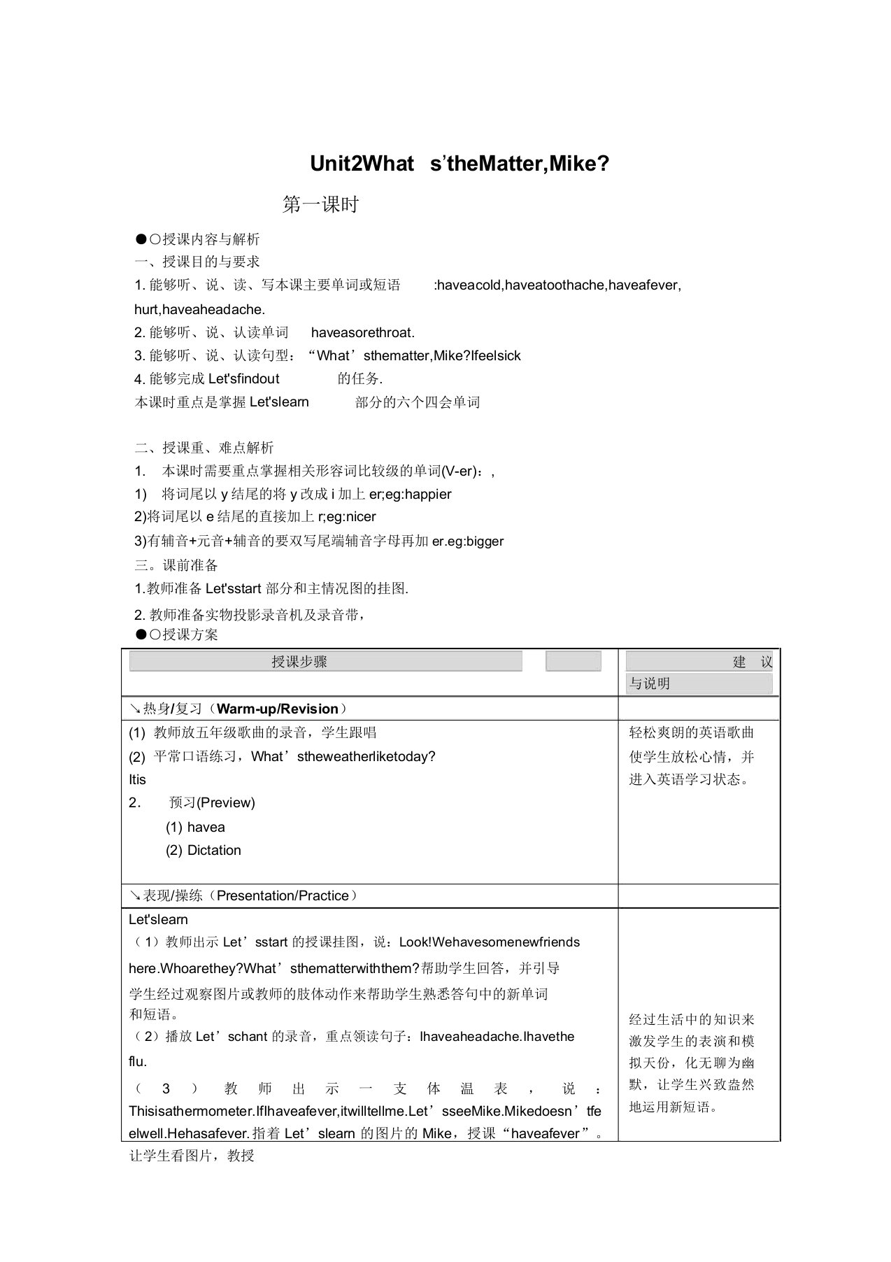 PEP小学英语六年级下册BOOK8Unit2What’stheMatter,Mike全单元六课时优秀教案