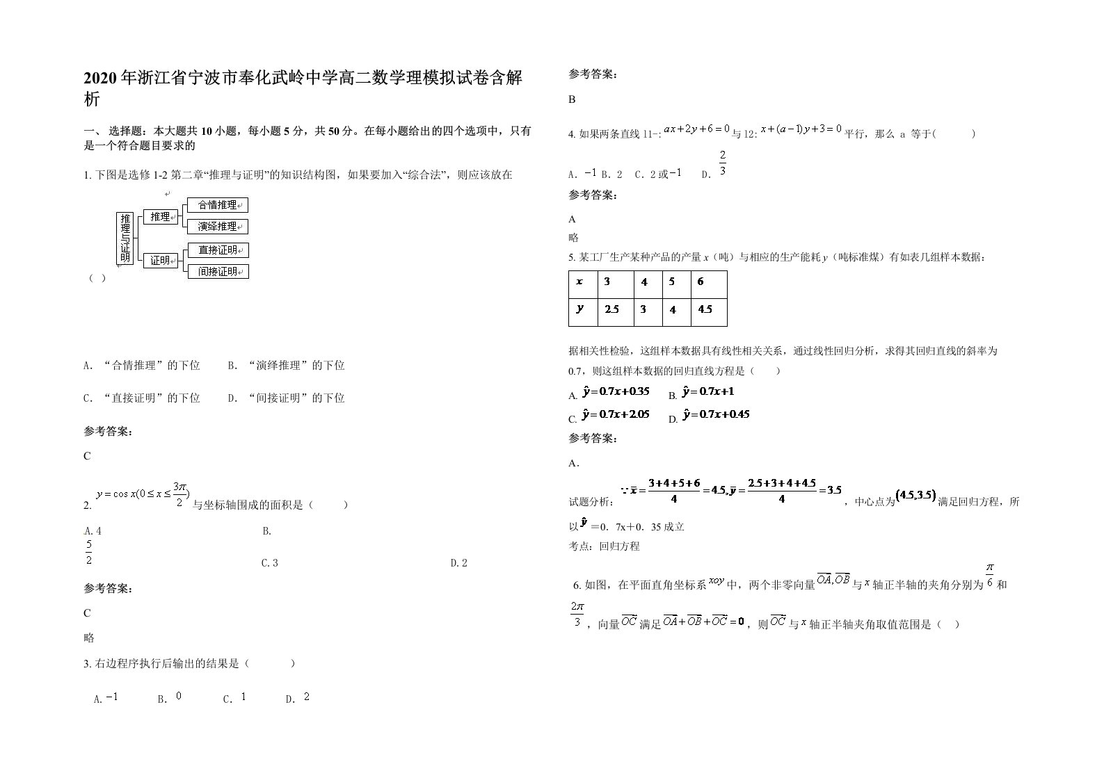 2020年浙江省宁波市奉化武岭中学高二数学理模拟试卷含解析