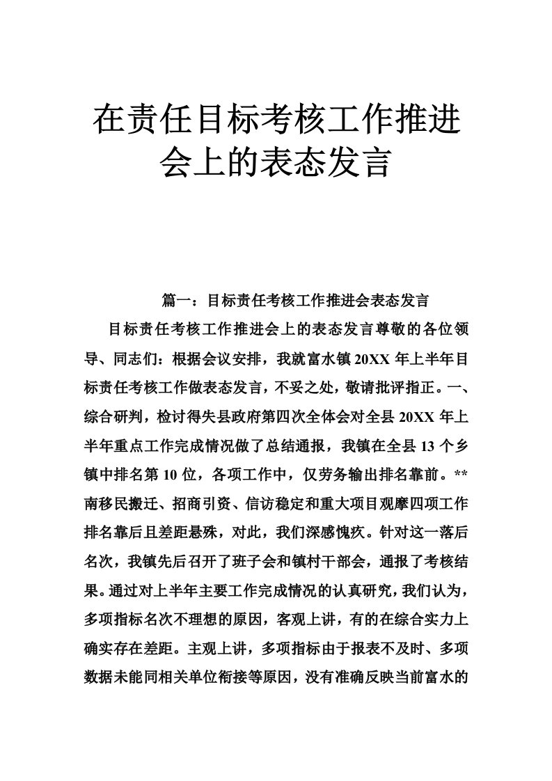 在责任目标考核工作推进会上的表态发言