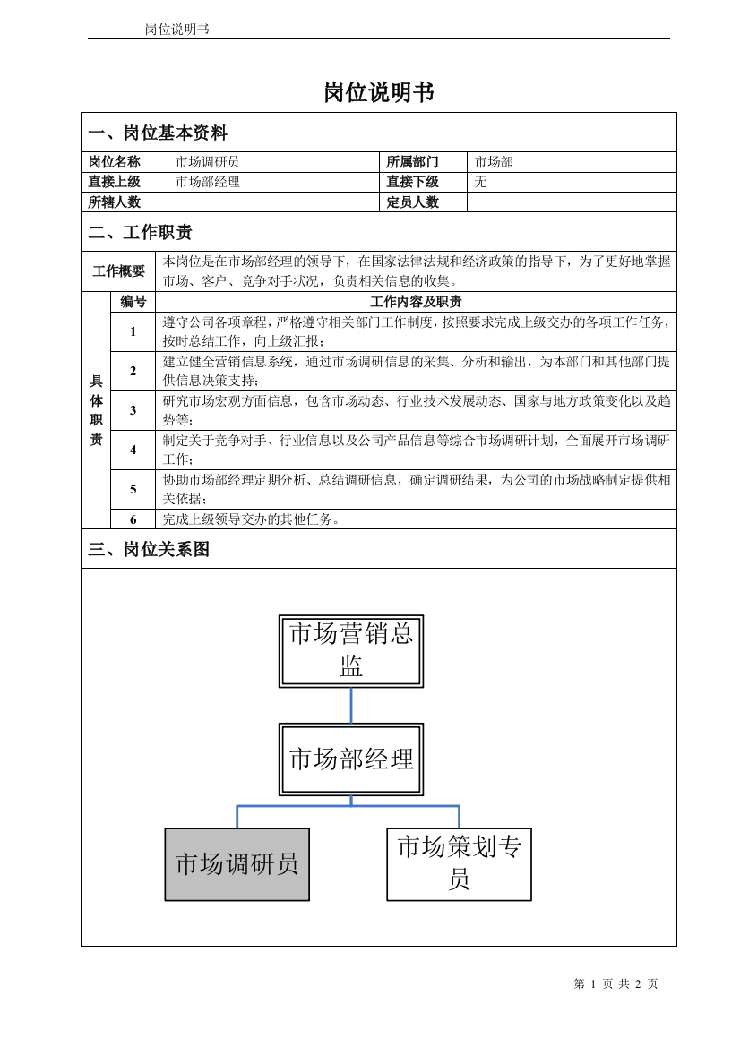 市场调研员岗位说明书