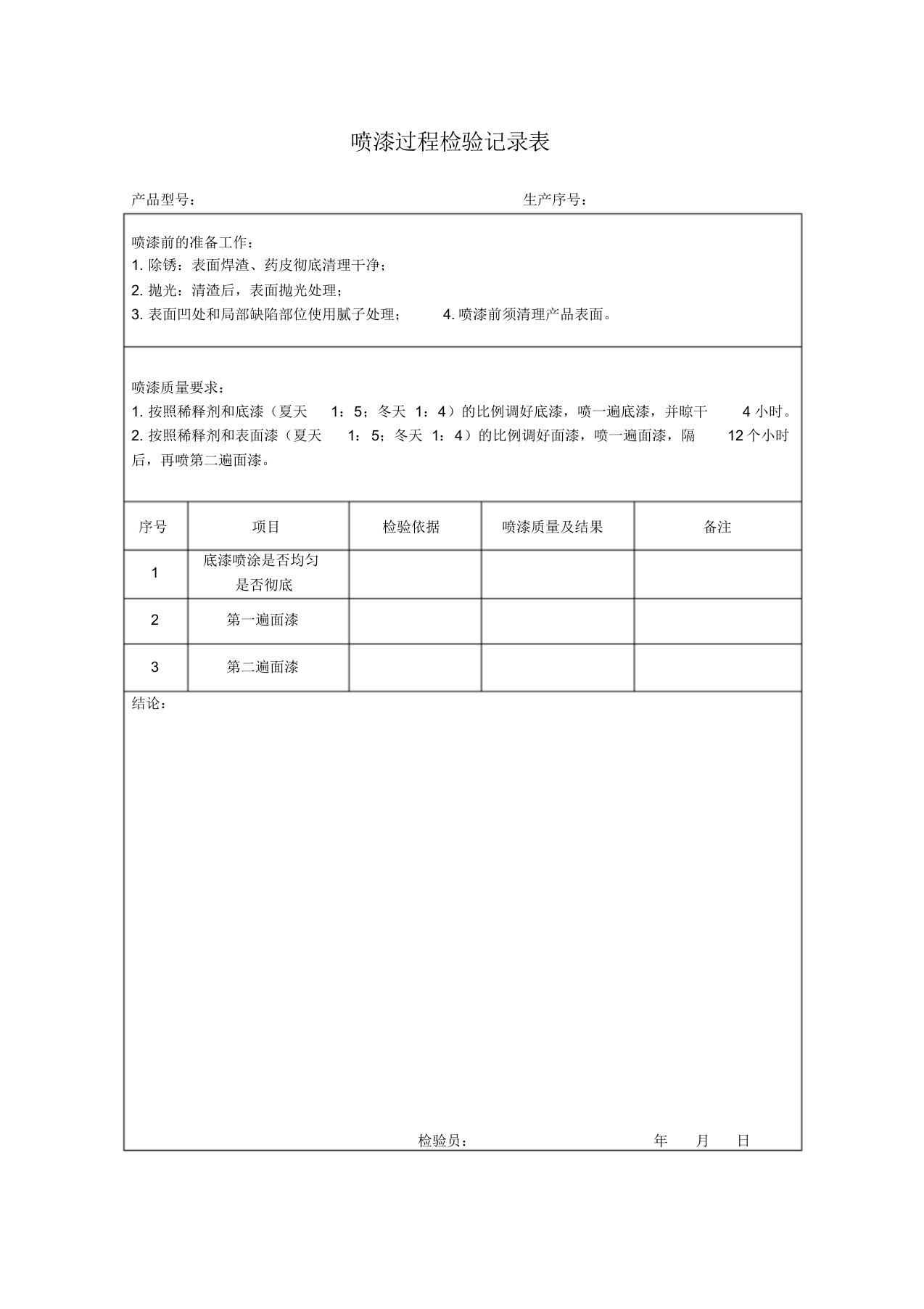 喷漆过程检验记录表