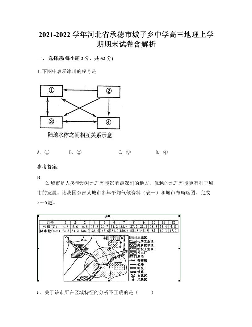 2021-2022学年河北省承德市城子乡中学高三地理上学期期末试卷含解析