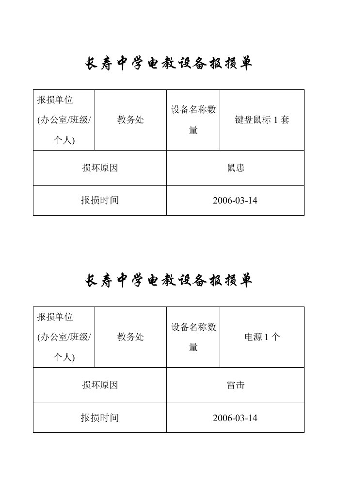 长寿中学电教设备报损单