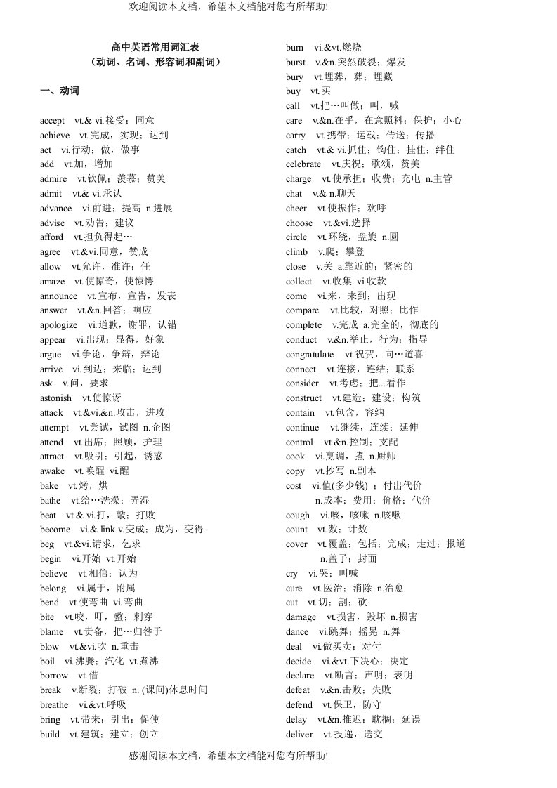 高中英语常用词汇表(动词、名词、形容词和副词)