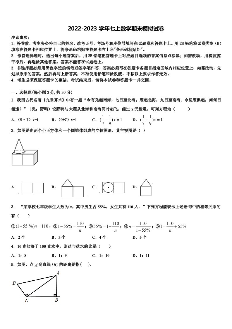 2022年湖北省华中学师大一附中数学七年级第一学期期末监测模拟试题含解析